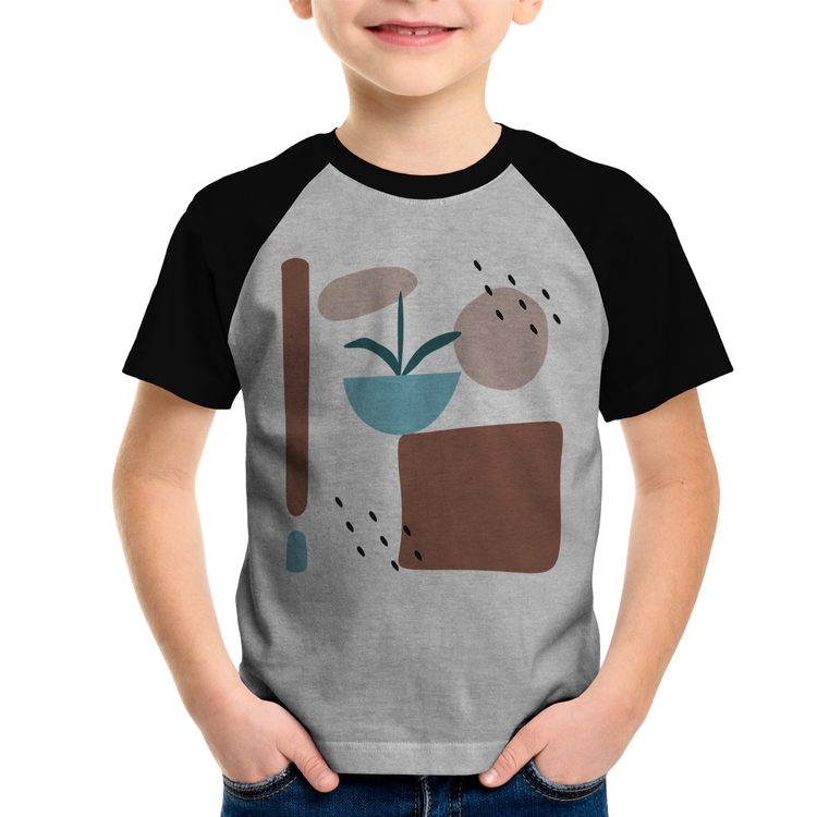 Camiseta Raglan Infantil Vaso de Planta Minimalista Abstrato - Cinza/Preto