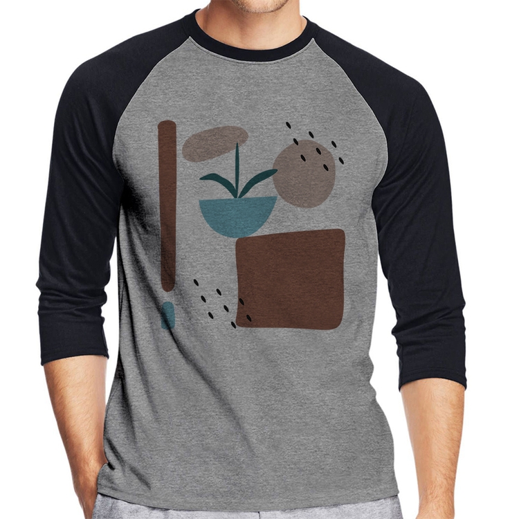 Camiseta Raglan Vaso de Planta Minimalista Abstrato Manga 3/4 - Cinza/Preto