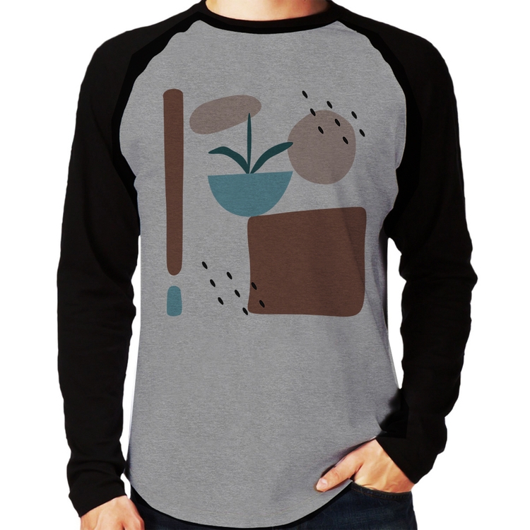 Camiseta Raglan Vaso de Planta Minimalista Abstrato Manga Longa - Cinza/Preto