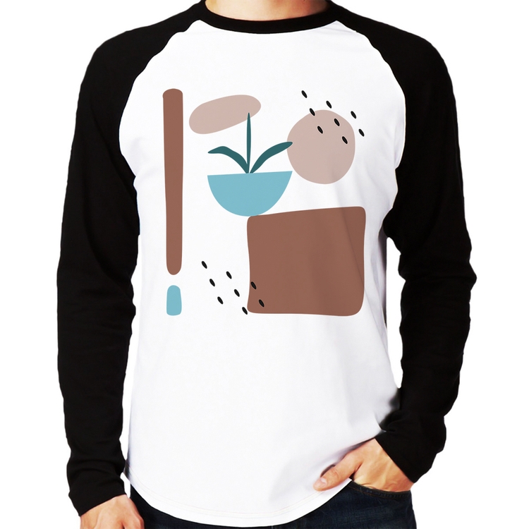 Camiseta Raglan Vaso de Planta Minimalista Abstrato Manga Longa
