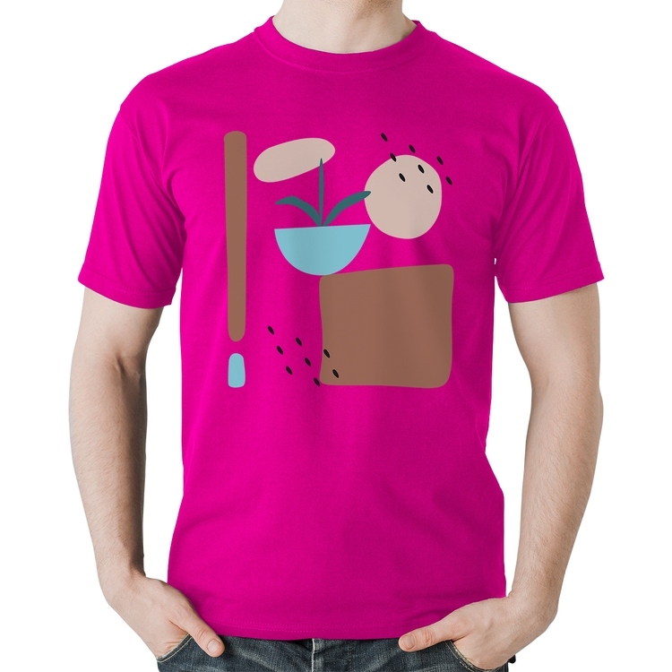 Camiseta Algodão Vaso de Planta Minimalista Abstrato - Rosa