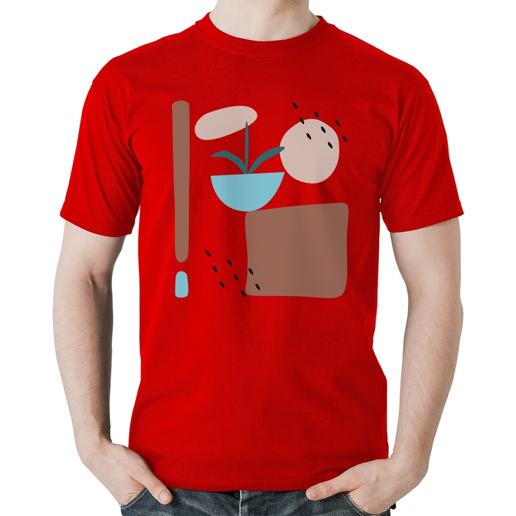 Camiseta Algodão Vaso de Planta Minimalista Abstrato - Vermelha