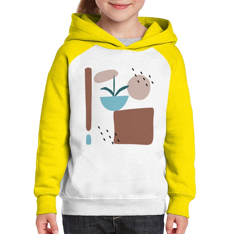 Moletom Infantil Vaso de Planta Minimalista Abstrato - Branco/Amarelo