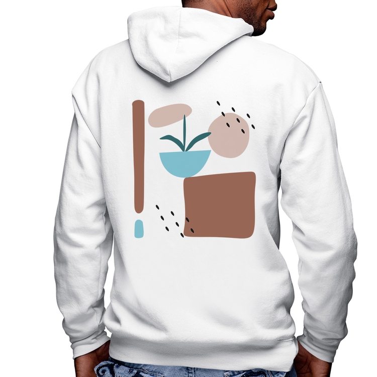 Blusa Moletom Vaso de Planta Minimalista Abstrato Masculina com Capuz e Zíper - Branca