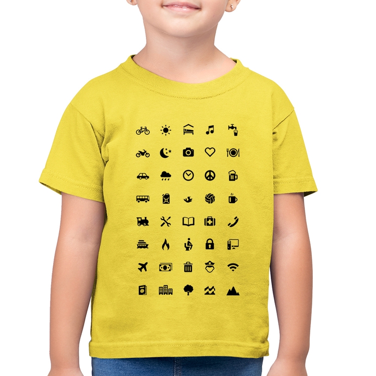 Camiseta Algodão Infantil Viajante 40 Icones Turista - Amarelo Canário