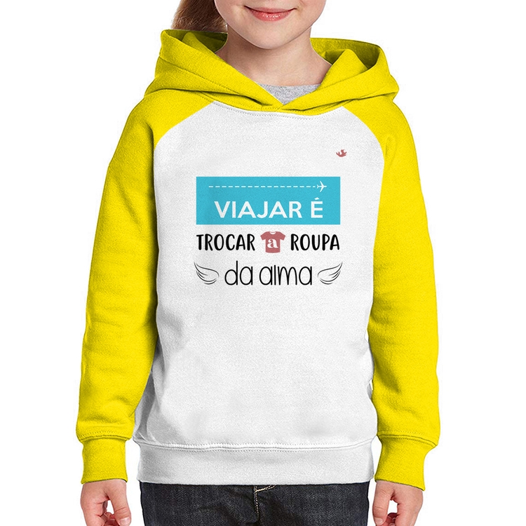 Moletom Infantil Viajar é trocar a roupa da alma - Branco/Amarelo