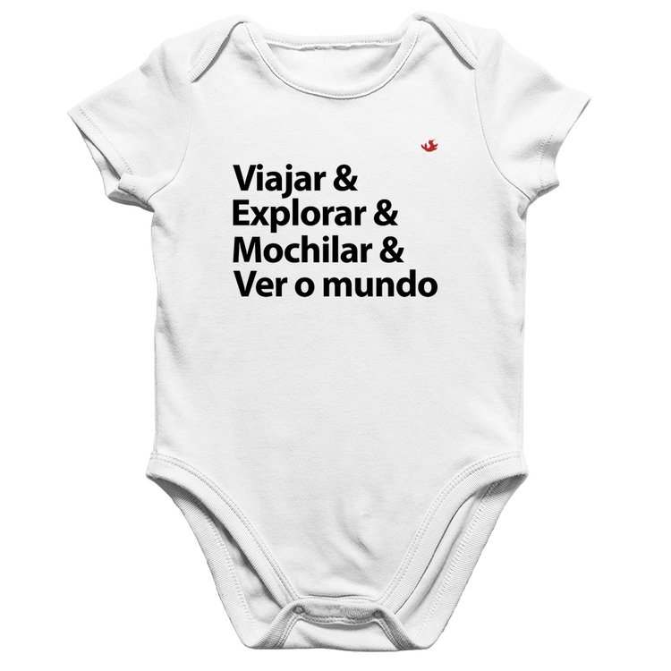 Body Bebê Algodão Viajar & Explorar & Mochilar & Ver o mundo - Branco