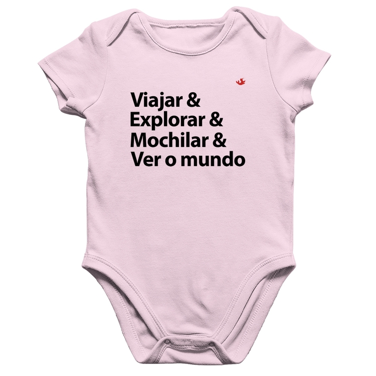 Body Bebê Algodão Viajar & Explorar & Mochilar & Ver o mundo - Rosa Bebê