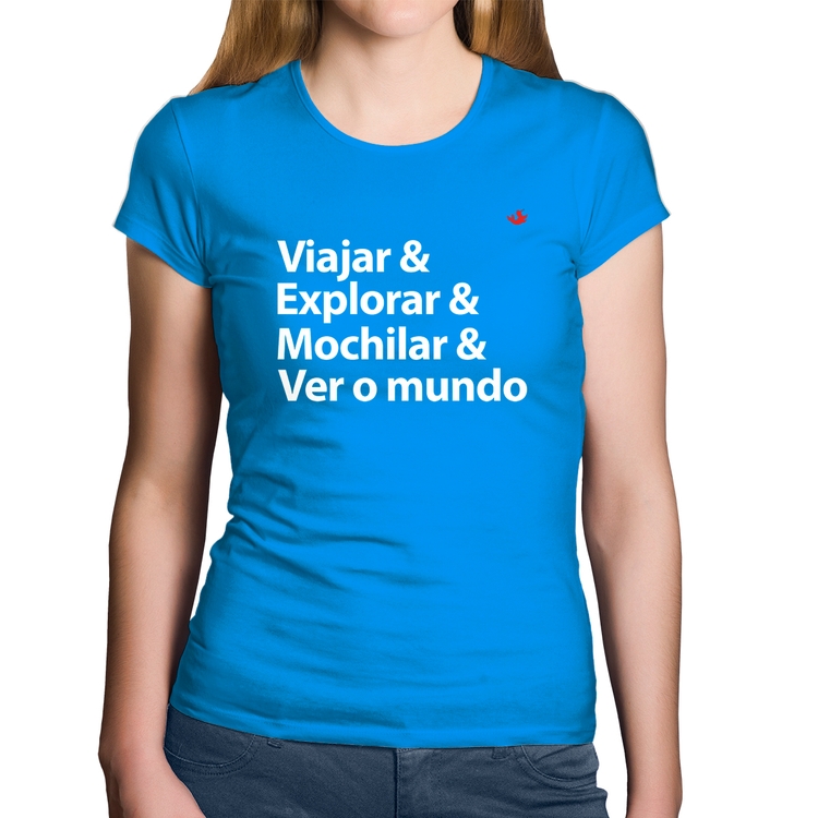 Baby Look Algodão Viajar & Explorar & Mochilar & Ver o mundo - Azul