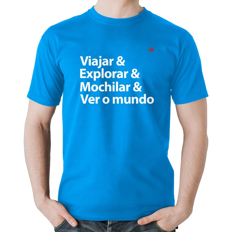 Camiseta Algodão Viajar & Explorar & Mochilar & Ver o mundo - Azul