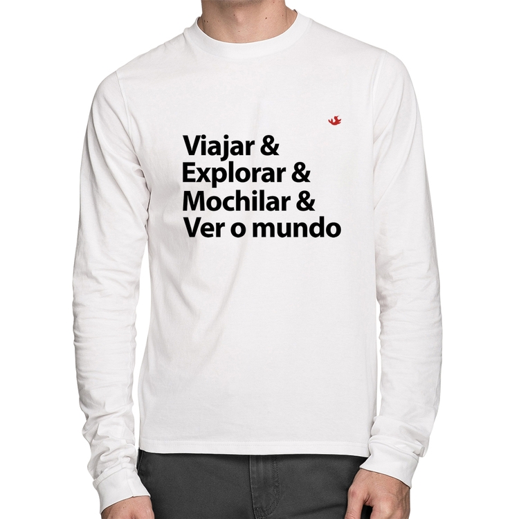 Camiseta Algodão Viajar & Explorar & Mochilar & Ver o mundo Manga Longa - Branca