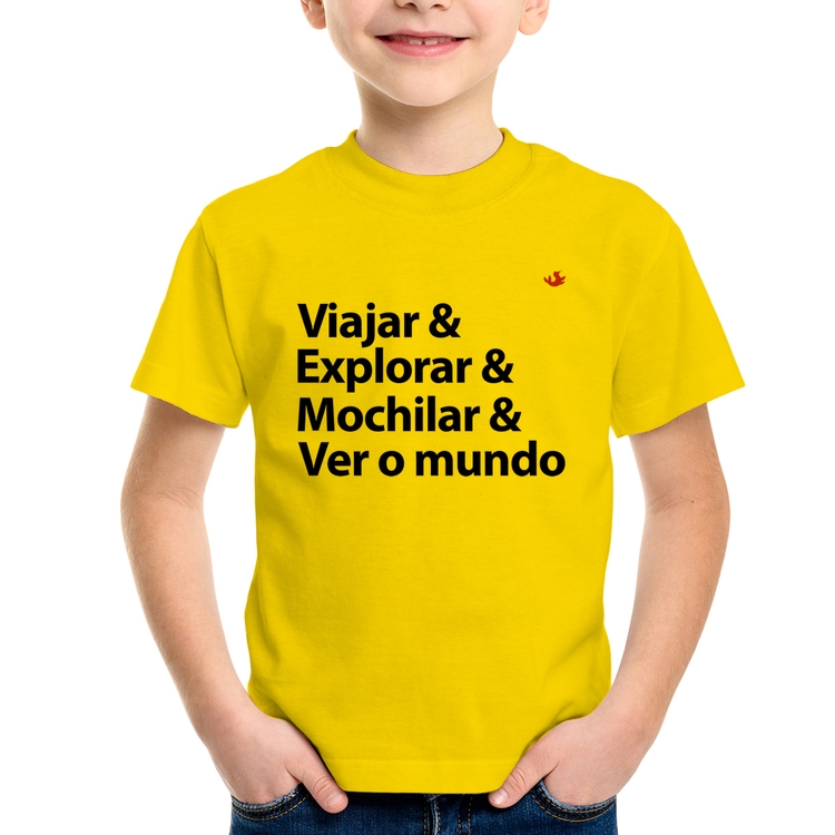 Camiseta Infantil Viajar & Explorar & Mochilar & Ver o mundo - Amarela
