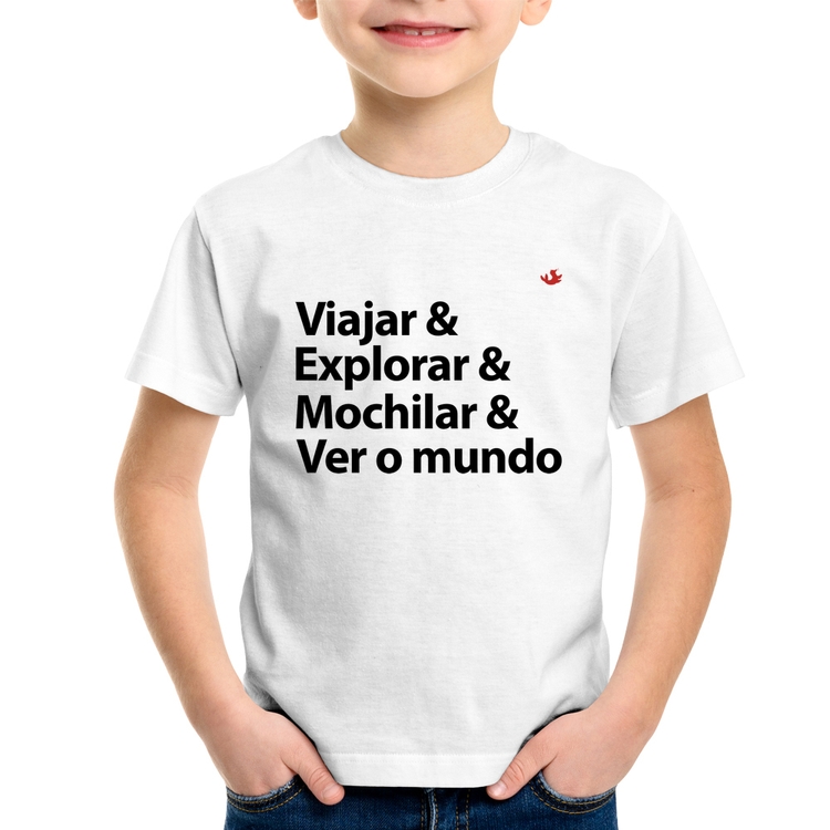 Camiseta Infantil Viajar & Explorar & Mochilar & Ver o mundo
