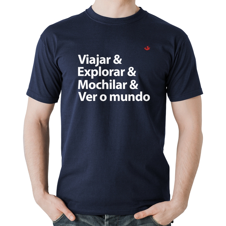 Camiseta Algodão Viajar & Explorar & Mochilar & Ver o mundo - Marinho