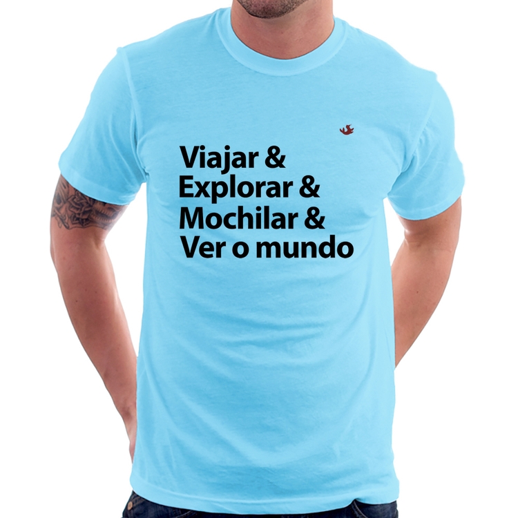 Camiseta Viajar & Explorar & Mochilar & Ver o mundo - Azul Bebê