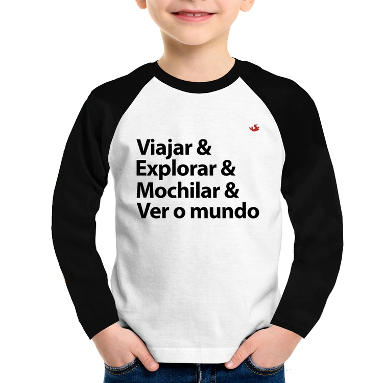 Camiseta Raglan Infantil Viajar & Explorar & Mochilar & Ver o mundo Manga Longa