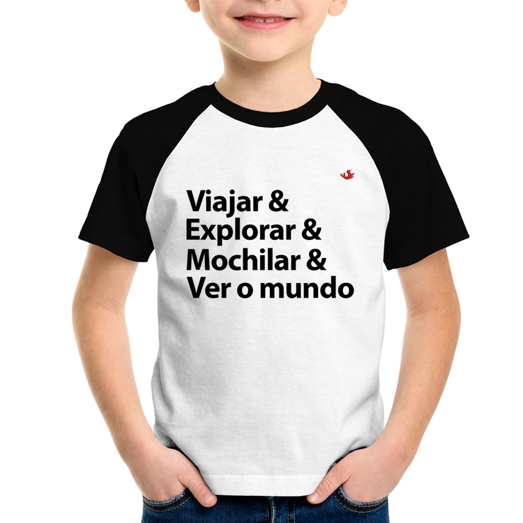 Camiseta Raglan Infantil Viajar & Explorar & Mochilar & Ver o mundo
