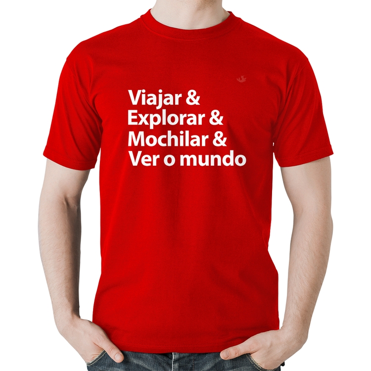 Camiseta Algodão Viajar & Explorar & Mochilar & Ver o mundo - Vermelha