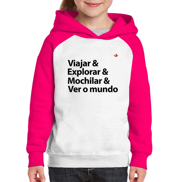 Moletom Infantil Viajar & Explorar & Mochilar & Ver o mundo - Branco/Rosa