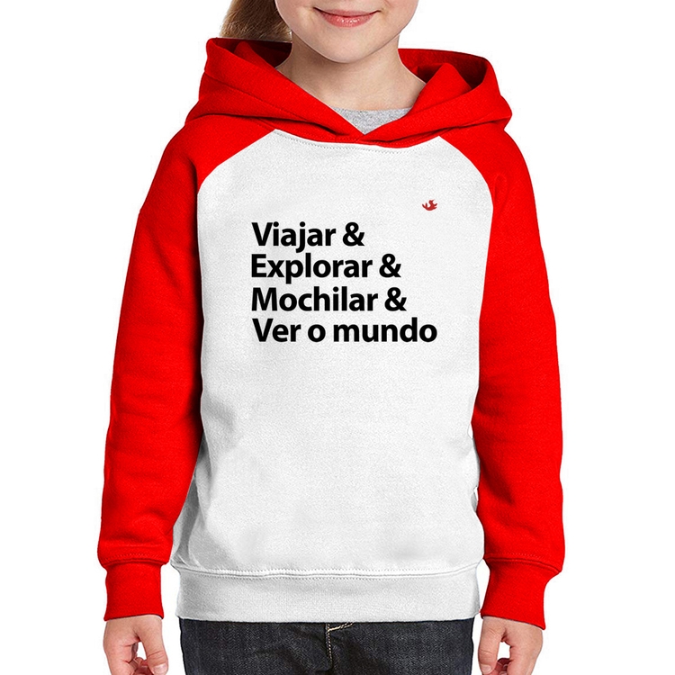 Moletom Infantil Viajar & Explorar & Mochilar & Ver o mundo - Branco/Vermelho