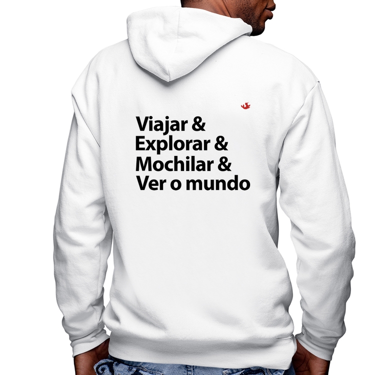 Blusa Moletom Viajar & Explorar & Mochilar & Ver o mundo Masculina com Capuz e Zíper - Branca