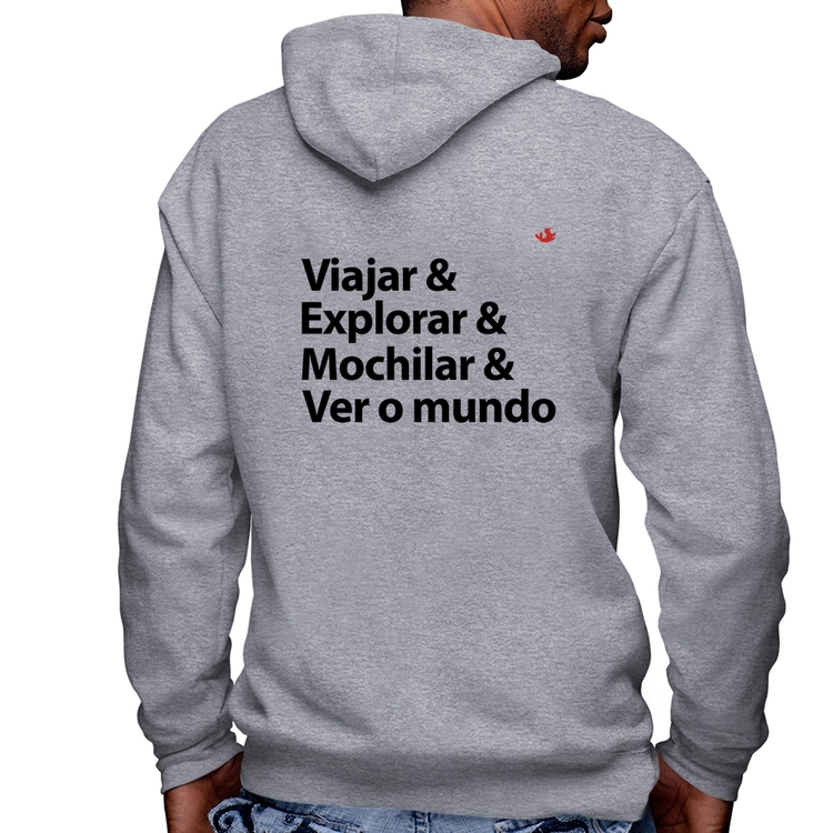 Blusa Moletom Viajar & Explorar & Mochilar & Ver o mundo Masculina com Capuz e Zíper - Mescla