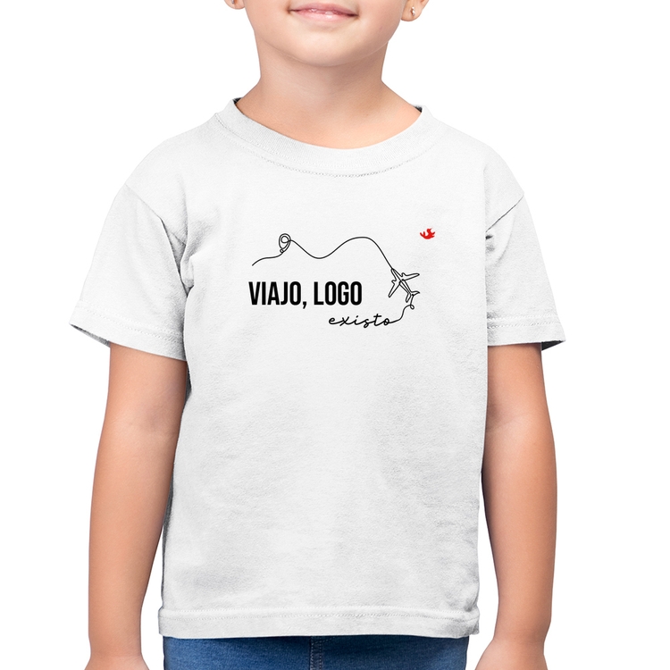 Camiseta Algodão Infantil Viajo, logo existo - Branca