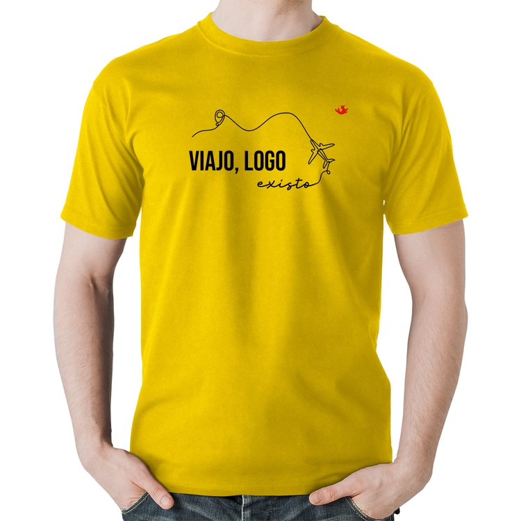 Camiseta Algodão Viajo, logo existo - Amarela