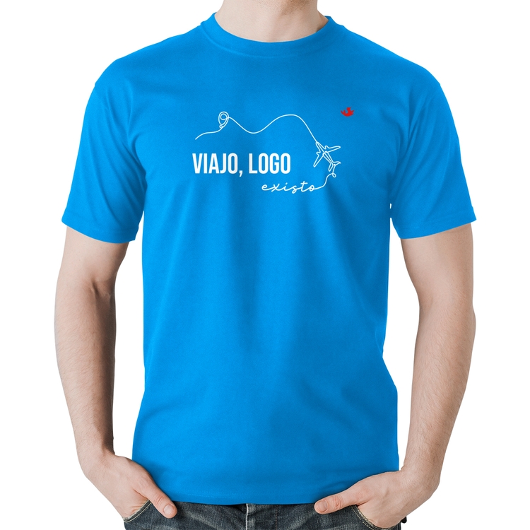Camiseta Algodão Viajo, logo existo - Azul