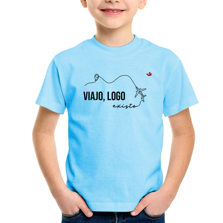 Camiseta Infantil Viajo, logo existo - Azul Bebê