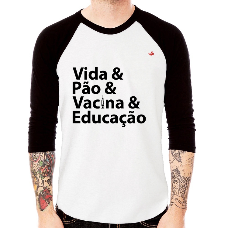 Camiseta Raglan Vida, Pão, Vacina e Educação Manga 3/4