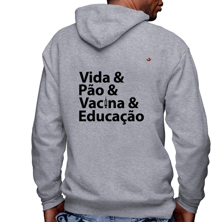 Blusa Moletom Vida, Pão, Vacina e Educação Masculina com Capuz e Zíper - Mescla