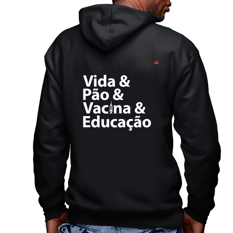 Blusa Moletom Vida, Pão, Vacina e Educação Masculina com Capuz e Zíper