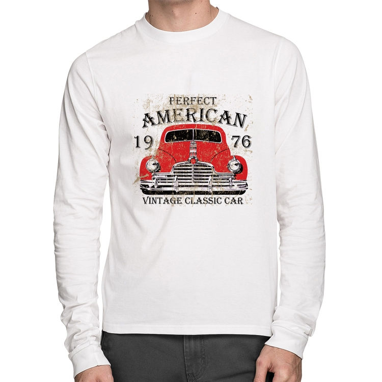 Camiseta Algodão Vintage Classic Car Manga Longa - Branca