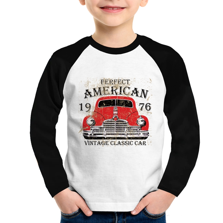 Camiseta Raglan Infantil Vintage Classic Car Manga Longa