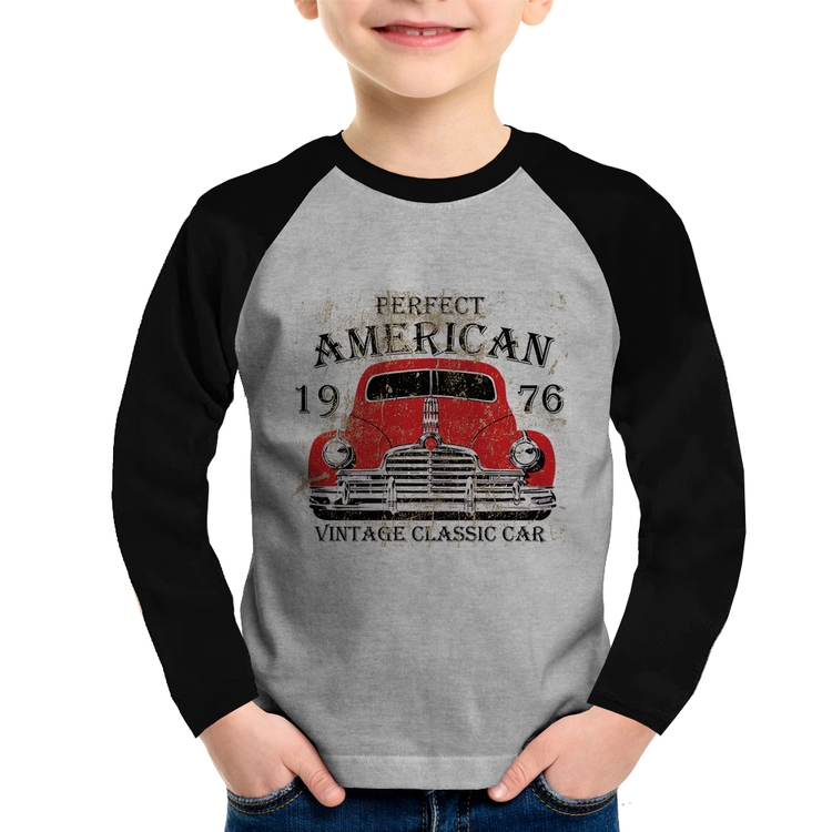 Camiseta Raglan Infantil Vintage Classic Car Manga Longa - Cinza/Preto