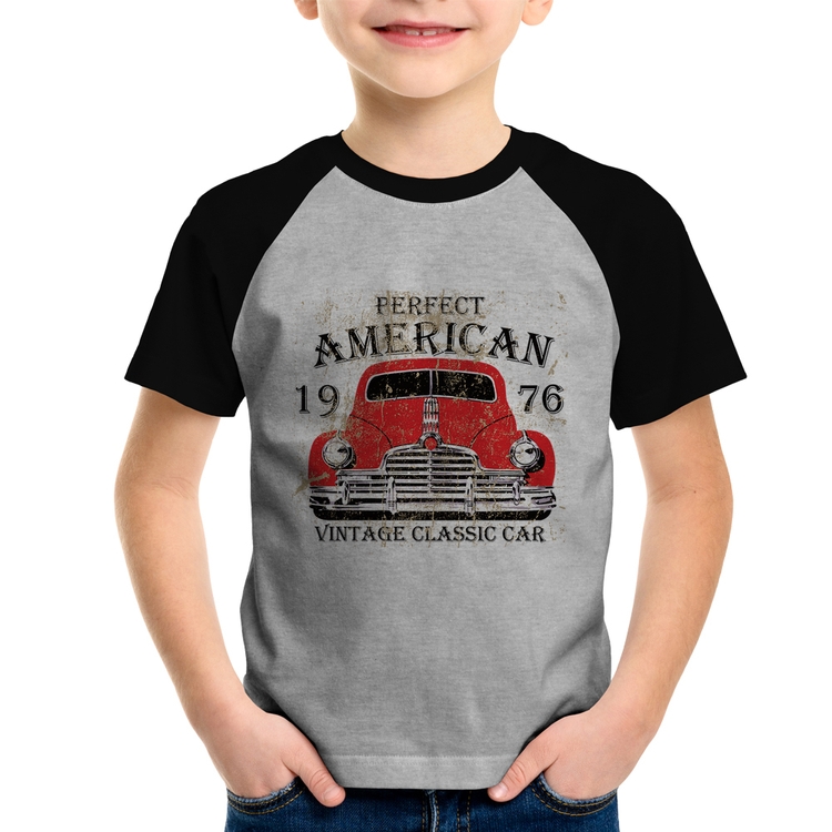 Camiseta Raglan Infantil Vintage Classic Car - Cinza/Preto