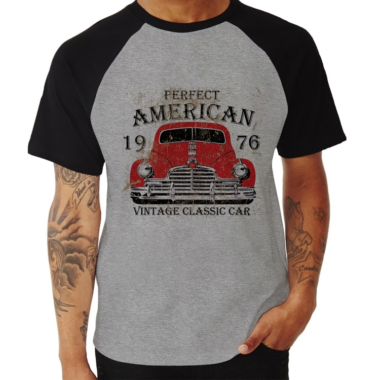 Camiseta Raglan Vintage Classic Car - Cinza/Preto
