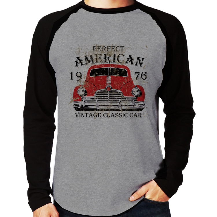 Camiseta Raglan Vintage Classic Car Manga Longa - Cinza/Preto
