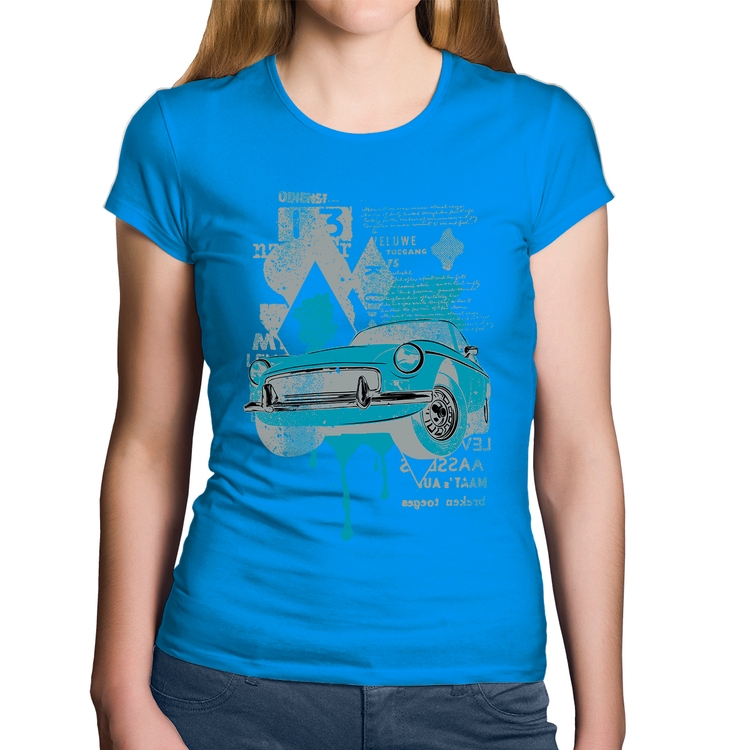 Baby Look Algodão Vintage Classic Car Painting - Azul