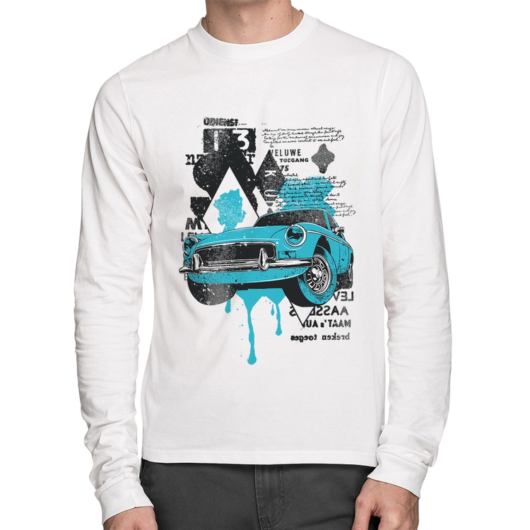 Camiseta Algodão Vintage Classic Car Painting Manga Longa - Branca