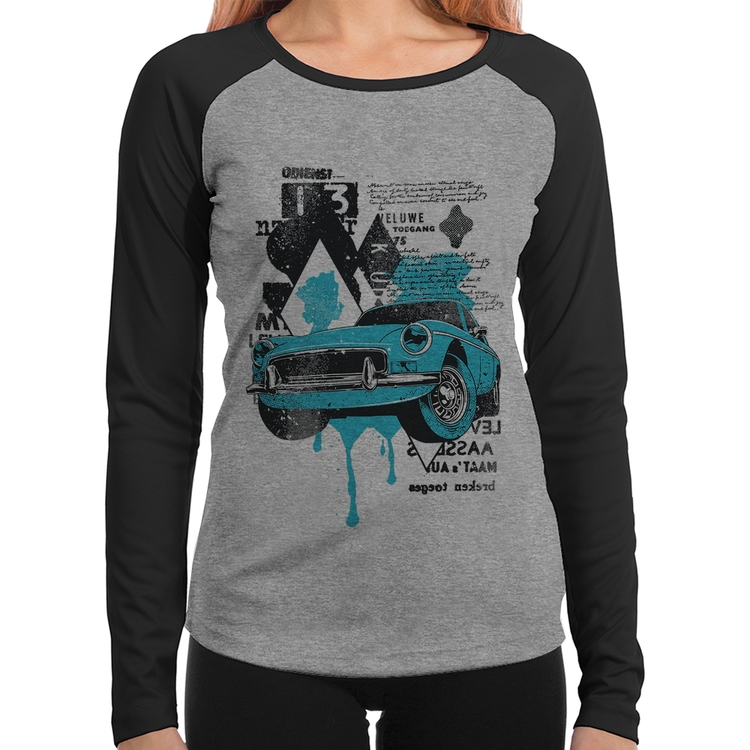 Baby Look Raglan Vintage Classic Car Painting Manga Longa - Cinza/Preto