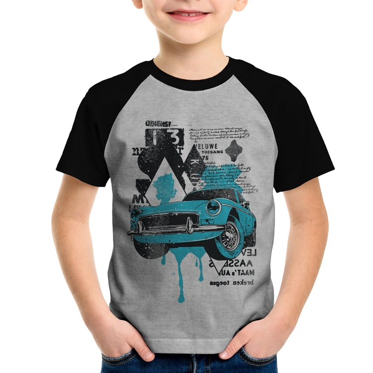 Camiseta Raglan Infantil Vintage Classic Car Painting - Cinza/Preto