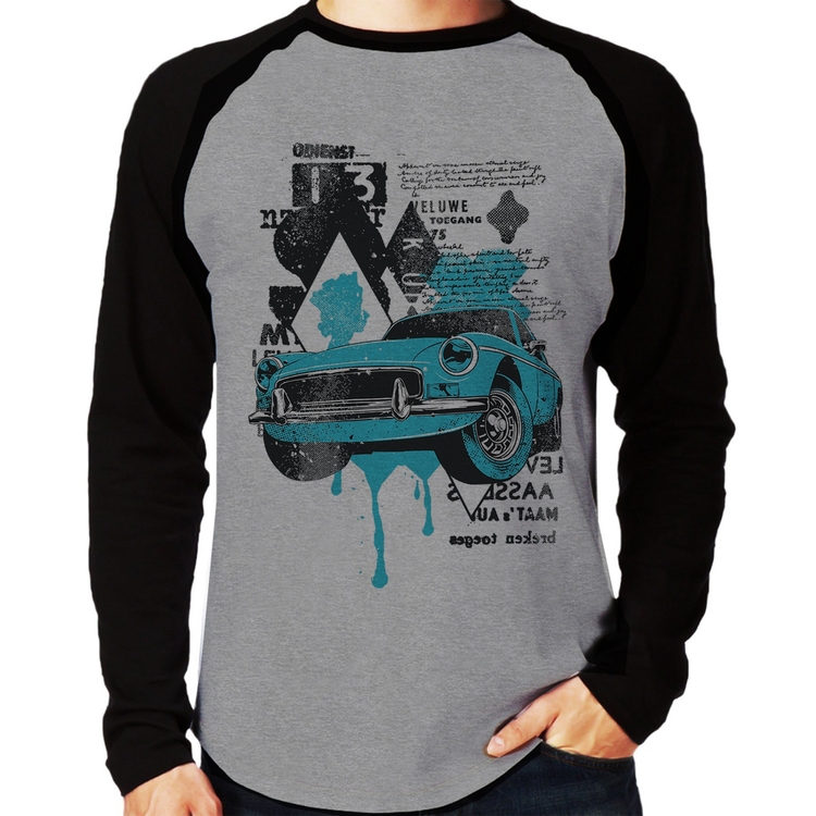 Camiseta Raglan Vintage Classic Car Painting Manga Longa - Cinza/Preto