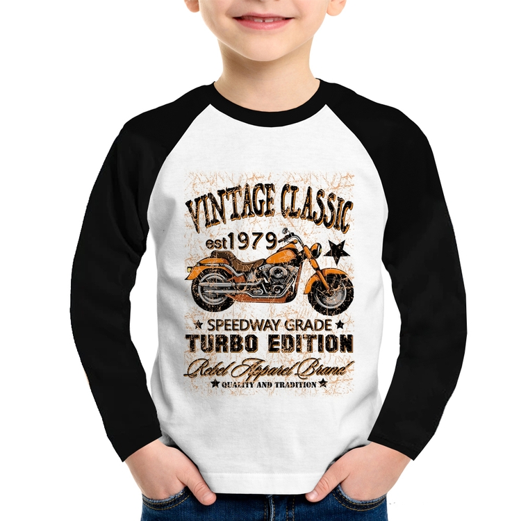 Camiseta Raglan Infantil Vintage Classic Moto Manga Longa