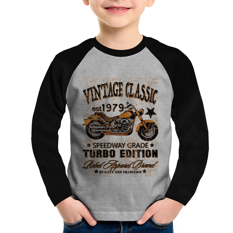 Camiseta Raglan Infantil Vintage Classic Moto Manga Longa - Cinza/Preto