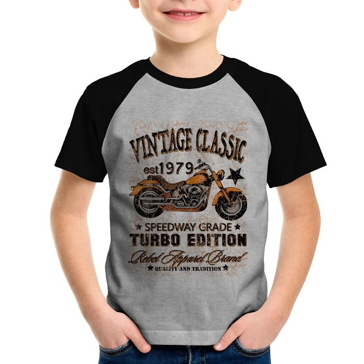 Camiseta Raglan Infantil Vintage Classic Moto - Cinza/Preto