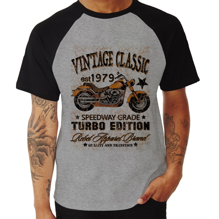 Camiseta Raglan Vintage Classic Moto - Cinza/Preto