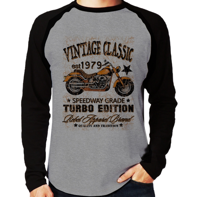 Camiseta Raglan Vintage Classic Moto Manga Longa - Cinza/Preto