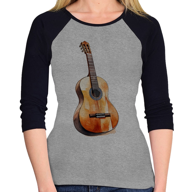 Baby Look Raglan Violão Manga 3/4 - Cinza/Preto